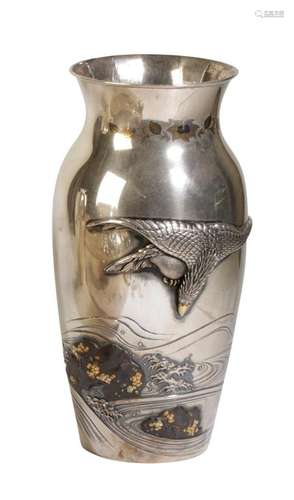 JAPANESE SILVER AND MIXED METAL VASE, MEIJI PERIOD