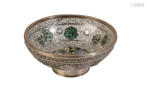 FINE JAPANESE SILVER AND ENAMEL FOOTED BOWL