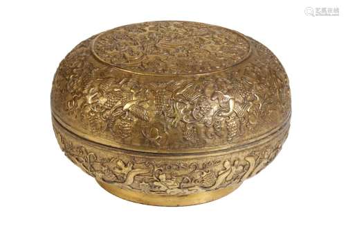 GILT BRONZE 'SQUIRRELS AND GRAPES' CIRCULAR BOX AND COVER, KANGXI SIX CHARACTER MARK BUT LATER