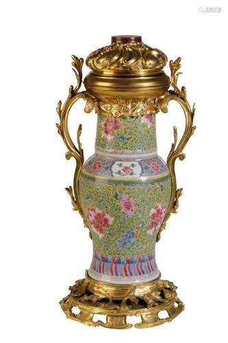 FAMILLE ROSE AND GILT-BRONZE MOUNTED VASE, QING DYNASTY, 19TH CENTURY