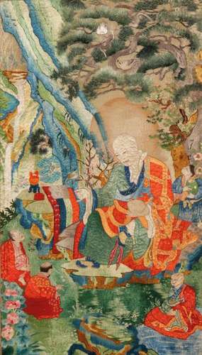 WOVEN SILK THANGKA, TIBET, 20TH CENTURY, depicting the Arhat Panthaka