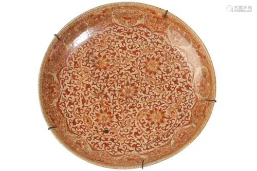 LARGE IRON-RED CRACKLE-GLAZE 'LOTUS' CHARGER, JIANJING MARK BUT LATE 19TH CENTURY