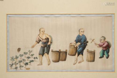 SET OF SIX FRAMED RICE PAPER PAINTINGS, QING DYNASTY, 19TH CENTURY