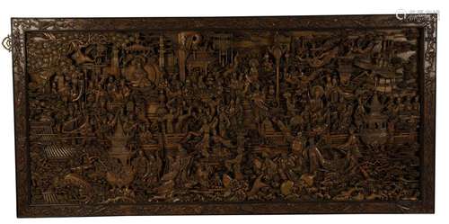 FINE AND LARGE CARVED HARDWOOD PANEL, INDONESIAN, 20TH CENTURY