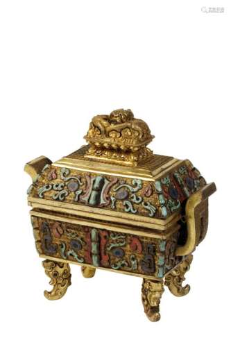 HARDSTONE-INLAID BRONZE CENSER AND COVER
