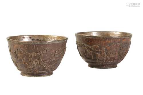 FINE PAIR OF SILVER MOUNTED CARVED COCONUT TEA BOWLS, KANGXI PERIOD