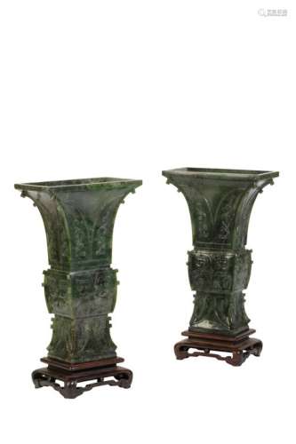 PAIR OF ARCHAIC-FORM SPINACH JADE VASES, LATE QING DYNASTY