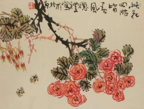 WANG DELI (BORN 1944.), BEES AND FLOWERS, colour and ink on paper