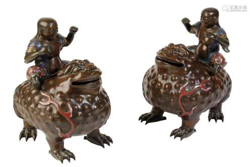 PAIR OF BRONZE AND ENAMEL 'LIU HAI AND TOAD' CENSERS, LATE QING DYNASTY