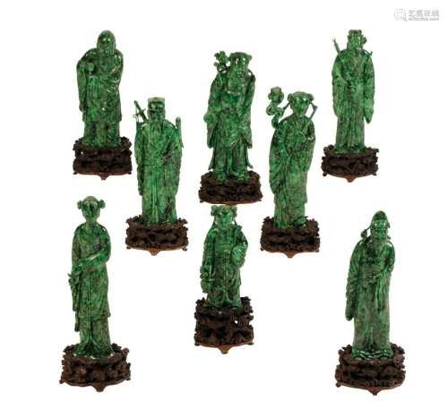 RARE SET OF EIGHT CHLOROMELANITE IMMORTALS, QING DYNASTY, 19TH CENTURY