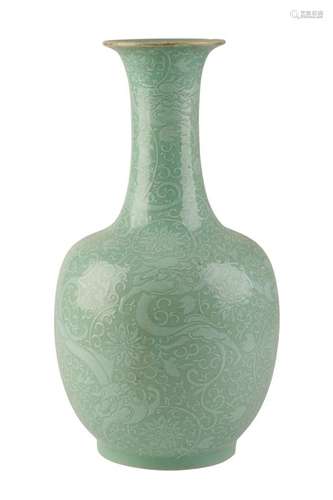 SLIP-DECORATED CELADON-GLAZE VASE, LATE QING / EARLY REPUBLIC