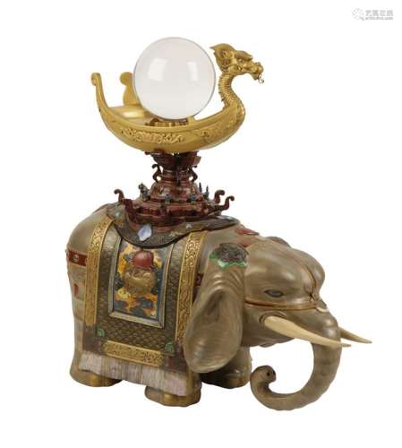 IMPRESSIVE GILTWOOD AND LACQUER MODEL OF AN ELEPHANT, MEIJI PERIOD
