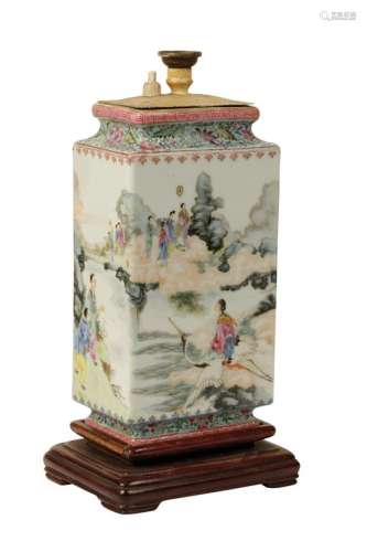 FINE FAMILLE ROSE SQUARE SECTION 'IMMORTALS' VASE, QIANLONG FOUR CHARACTER MARK BUT REPUBLIC PERIOD