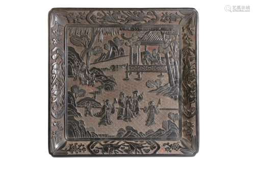 BLACK LACQUER 'SCHOLARS AND HORSES' TRAY, MING/QING DYNASTY