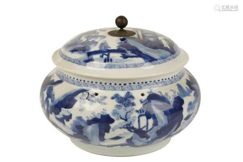FINE BLUE AND WHITE 'SCHOLARS' TUREEN AND COVER, KANGXI PERIOD