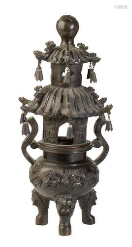 BRONZE 'PAGODA' FORM TRIPOD CENSER, LATE QING DYNASTY