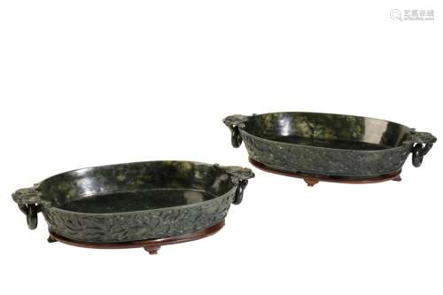 PAIR OF SPINACH JADE DISHES, LATE QING DYNASTY