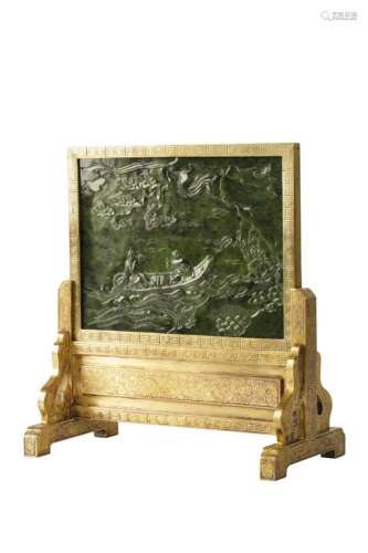 SPINACH JADE AND GILT-BRONZE TABLE SCREEN, QING DYNASTY