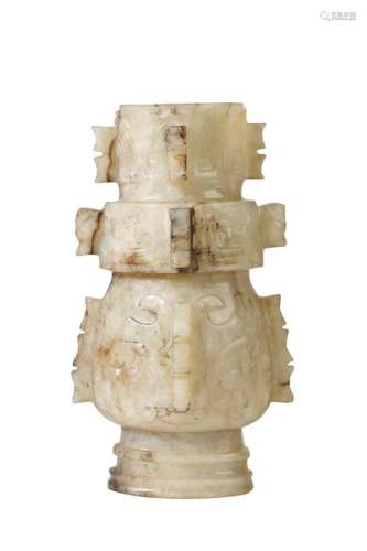 ARCHAIC STYLE WHITE AND RUSSET JADE VASE, LATE MING DYNASTY