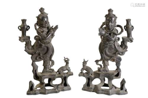 PAIR OF BRONZE JOSS STICK HOLDERS, QING DYNASTY