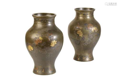 PAIR OF JAPANESE BRONZE AND MIXED METAL VASES, MEIJI PERIOD