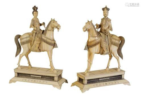 PAIR OF CARVED IVORY EQUESTRIAN FIGURES, LATE QING / EARLY REPUBLIC PERIOD