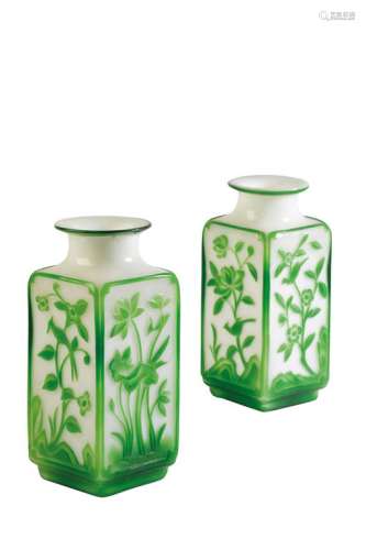 PAIR OF GREEN OVERLAY SQUARE-FORM GLASS VASES