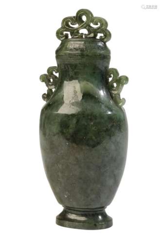 SMALL SPINACH JADE BALUSTER VASE AND COVER