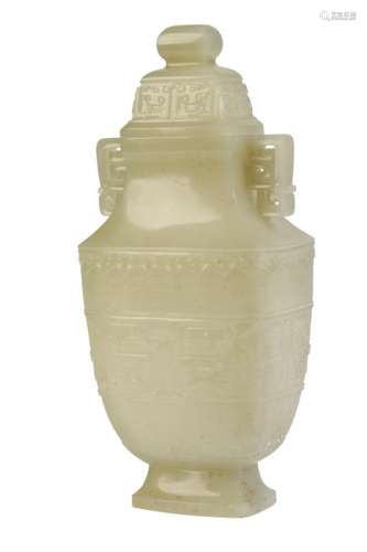 ARCHAIC STYLE WHITE JADE VASE AND COVER