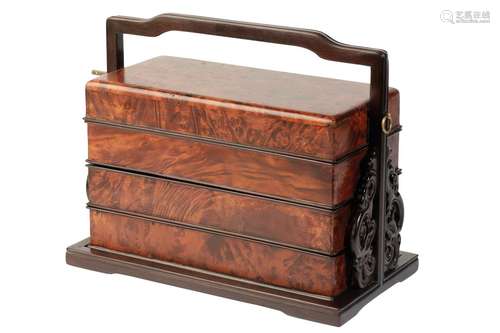 BURR WOOD AND HARDWOOD FOUR TIERED PICNIC BOX, QING DYNASTY, 19TH CENTURY