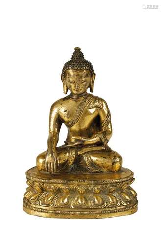 SMALL GILT-BRONZE SEATED BUDDHA, TIBET, 17TH CENTURY