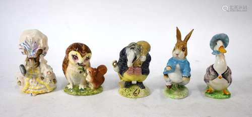 Five Beswick Beatrix Potter models:  Tommy Brock; Peter Rabbit and Old Mr Brown, all gold backstamps