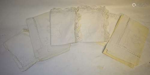 A collection of six antique Continental pillowcases with crocheted edging and inserts and draw-