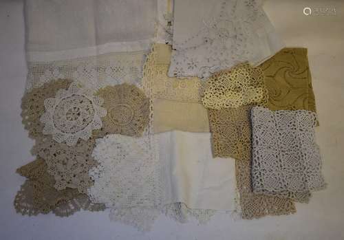 Two boxes of assorted table linen to include damask napkin sets, doileys, huckabacks, tablecloths,