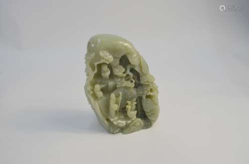 A modern green jade, Chinese boulder carved as the famous Jin Dynasty Calligrapher, Wang Xi Zhi,