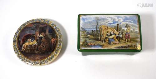 A Victorian Pratt Ware rectangular pot and lid decorated with 'Milking the Cow' pattern, 5.7 x 9