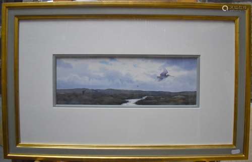 Owen Williams (b 1956) - Woodcock in flight over wetlands with huntsman beneath, watercolour, signed