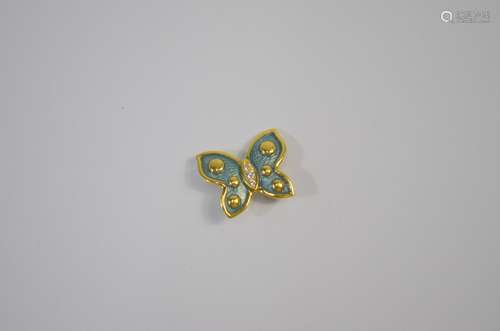 Leo De Vroomen - A butterfly pin brooch, the turquoise guilloche enamel wings with diamond set body,