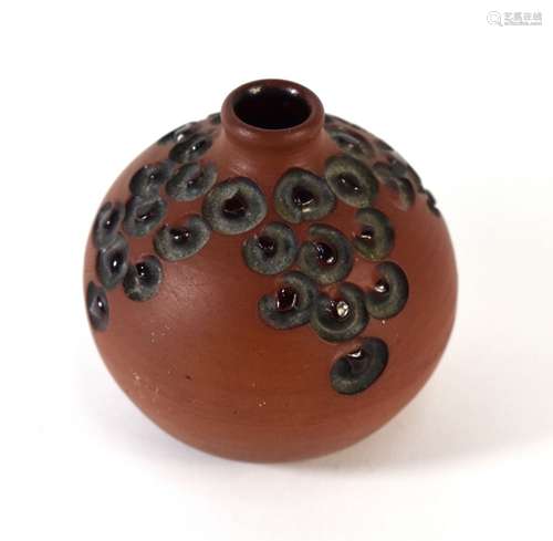 Poole Pottery Atlantis red body globular vase, shape A5/1, thrown, carved and decorated by Catherine