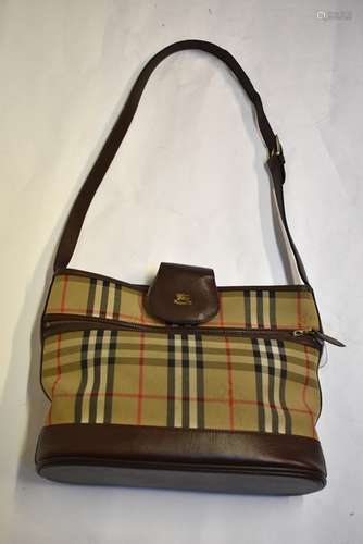 A vintage Burberry's classic check and brown leather tote bag with shoulder strap, 31 x 23 cm (to be