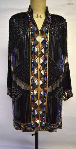 Frank Usher - An Art Deco style beaded, bejewelled and sequinned evening coat with neru collar, size