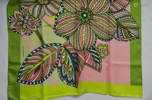 An Egon Von Furstenberg silk scarf with bold flower print in vibrant green/pink/turquoise, a silk