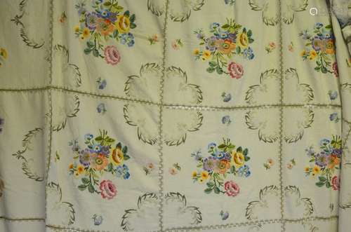 A large linen tablecloth, the panels embroidered with floral sprays with ladder-work and blanket