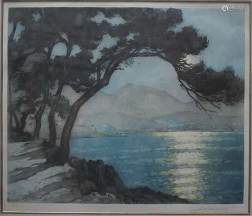 Quinegault - A French moonlit lake view, aquatint, pencil signed to lower right margin, 38 x 45 cm