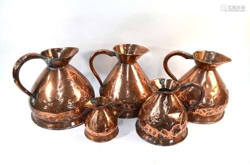 Five 19th century graduated copper measures for 3 gallon, 2 gallon (2), 1 gallon and quart (5)