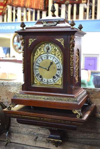 A German gilt brass mounted walnut cased bracket clock, the 8-day Winterhalder & Hofmeier movement