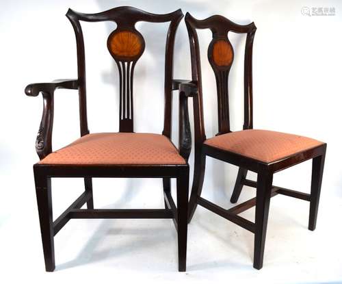 Five Edwardian mahogany shell inlaid dining chairs, comprising four standard side chairs and one