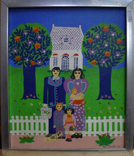 Elke Beitler - A family group before a white picket fence, with house and trees behind, oil on