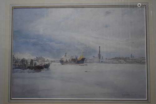 Reynolds - Boat passing along river channel, watercolour, signed lower right, 35 x 51 cm