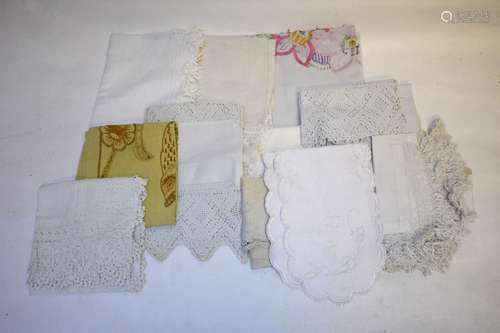 Two boxes of assorted table linen etc., to include huckabacks with crocheted edges, embroidered